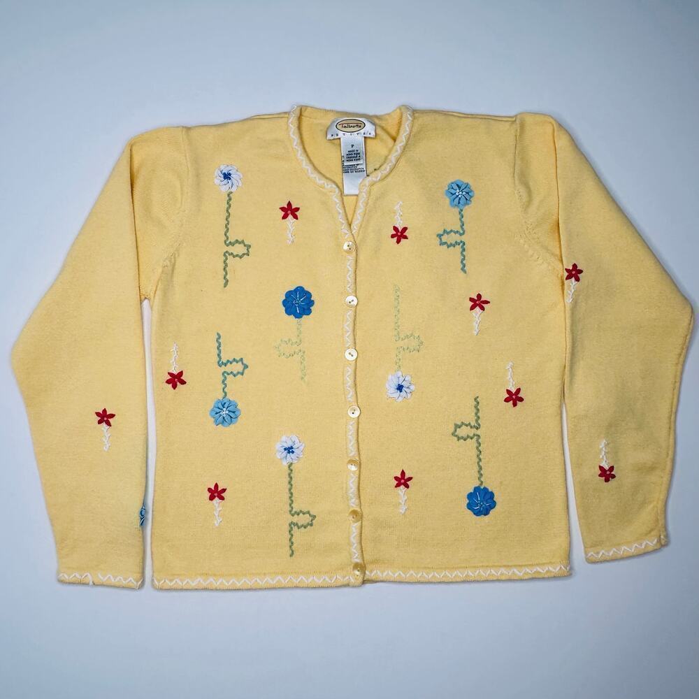 Vintage Y2K Talbots Cotton Cardigan Sweater with Embroidered Flowers